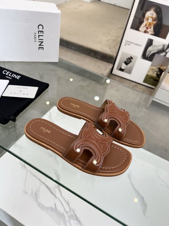 Celine Shoes - Celine Tan Leather Triomphe Flat Slide Sandals